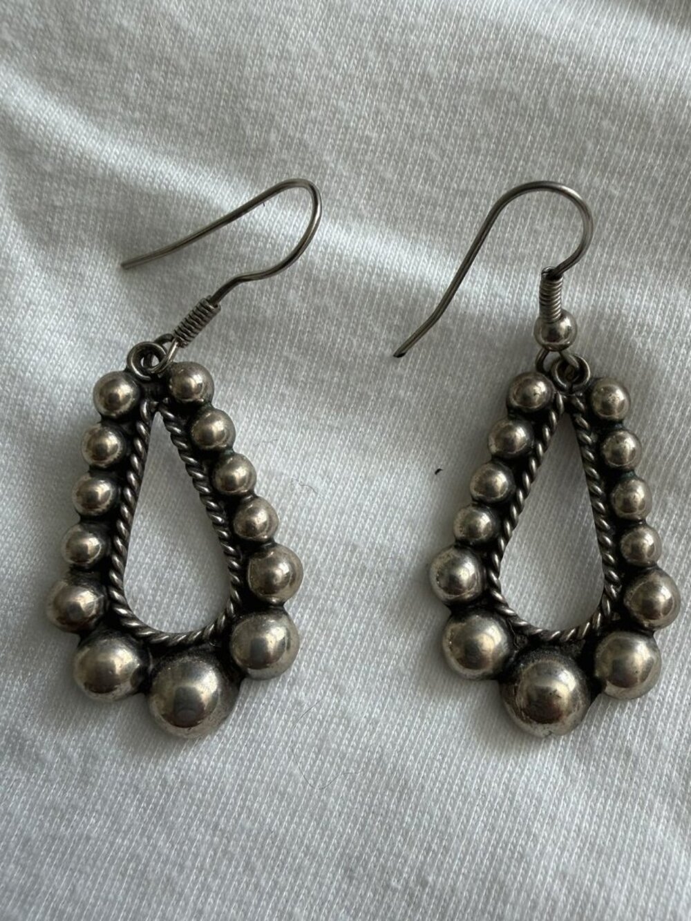 Antiqued Silver Tone Beaded Teardrop Hook Earrings